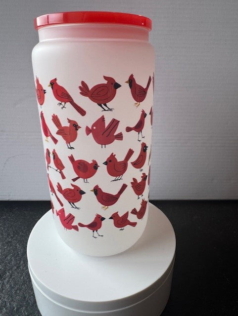 Cardinal birds in frosted 16 oz. glass tumbler with glass straws