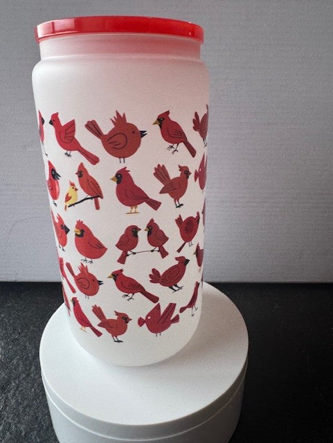 Cardinal birds in frosted 16 oz. glass tumbler with glass straws