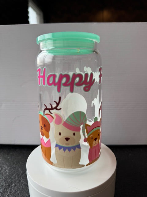 Happy Howladays 16 oz. glass tumbler with glass straws