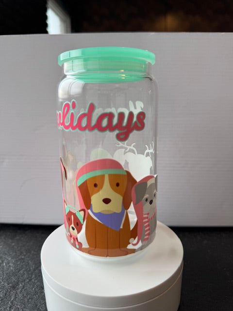 Happy Howladays 16 oz. glass tumbler with glass straws