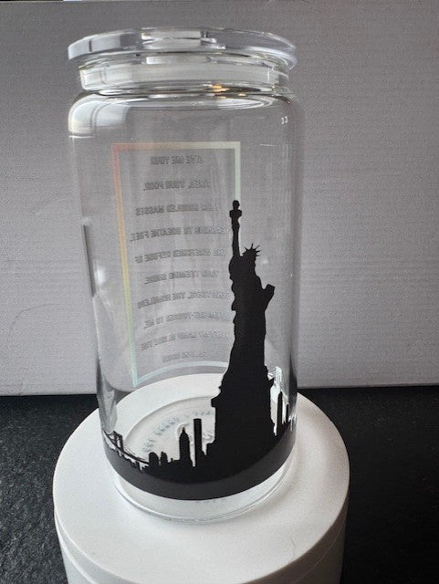 "Liberty" Statue of Liberty and poem 16 oz. glass tumbler with glass straws