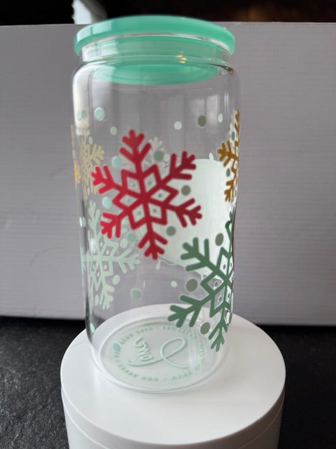 "Merry & Bright" Holiday 16 oz. glass tumbler with glass straws