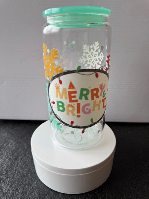 "Merry & Bright" Holiday 16 oz. glass tumbler with glass straws