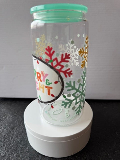 "Merry & Bright" Holiday 16 oz. glass tumbler with glass straws