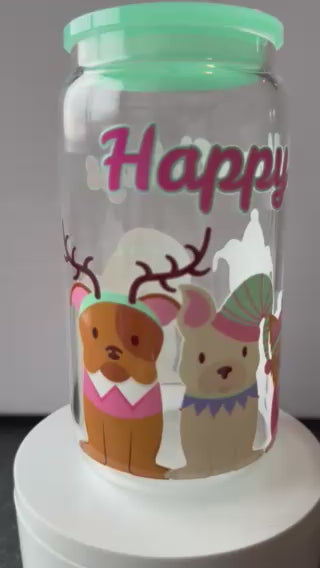 Happy Howladays 16 oz. glass tumbler with glass straws