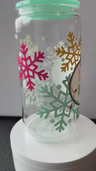 "Merry & Bright" Holiday 16 oz. glass tumbler with glass straws