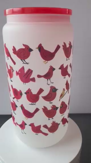Cardinal birds in frosted 16 oz. glass tumbler with glass straws