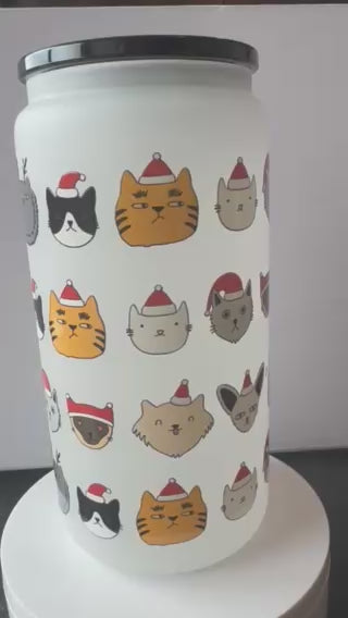 Christmas Cats  in frosted 16 oz. glass tumbler with glass straws