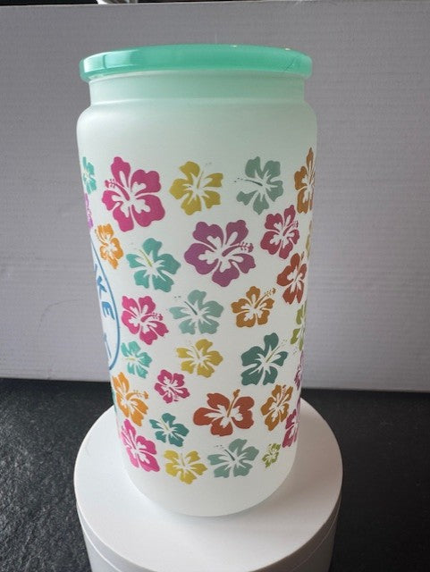 "Tropic Like it's Hot" in frosted 16 oz. glass tumbler with glass straws