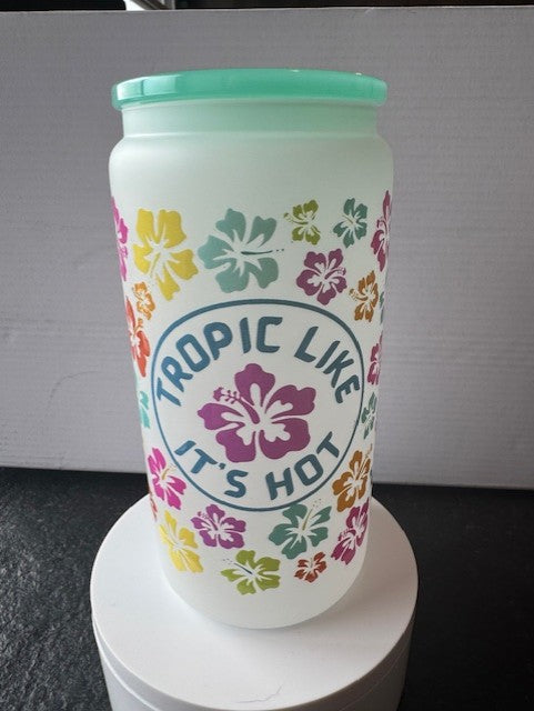 "Tropic Like it's Hot" in frosted 16 oz. glass tumbler with glass straws