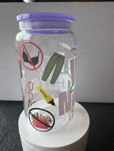 "We Do Not Care Club" 16 oz. glass tumbler with glass straws