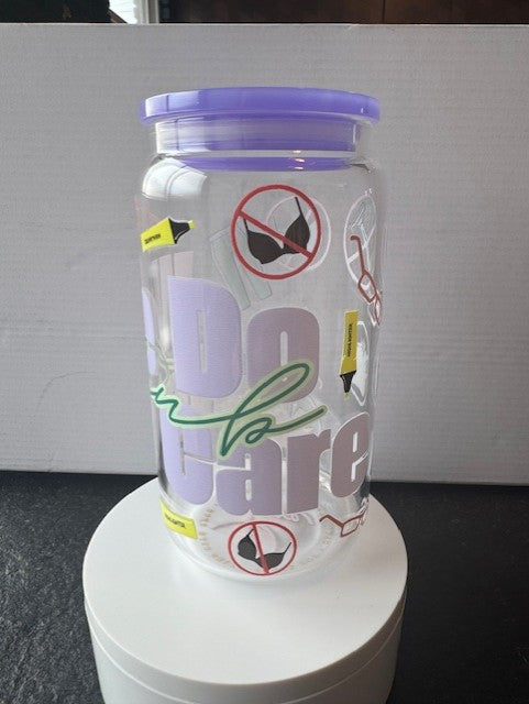 "We Do Not Care Club" 16 oz. glass tumbler with glass straws