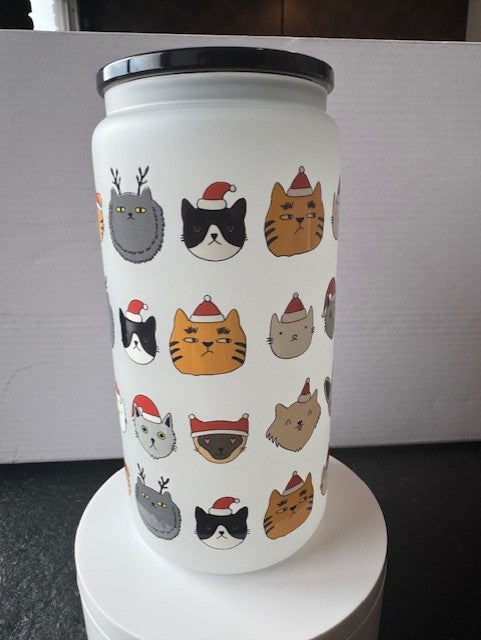 Christmas Cats  in frosted 16 oz. glass tumbler with glass straws