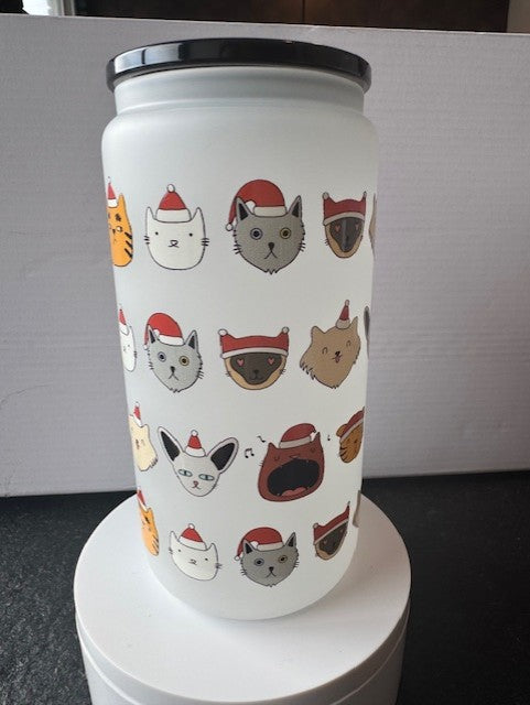 Christmas Cats  in frosted 16 oz. glass tumbler with glass straws